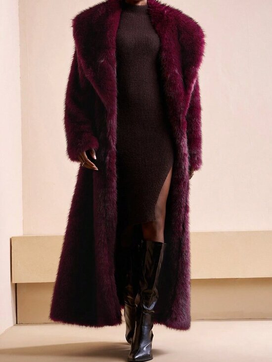 Jackets & Blazers - Burgundy Ombre Casual Fluffy Women's Faux Fur Parka Coat